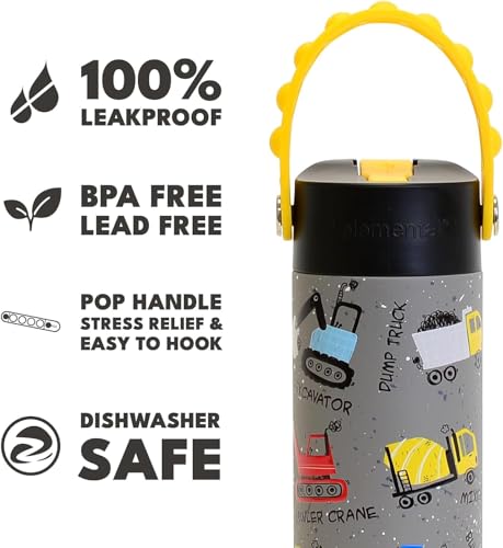 Elemental Insulated Kids Water Bottle, Stainless Steel Water Bottle with Straw Lid & Pop-It Handle, Leak-Proof Water Bottles for School, Boys or Girls, Travelling and Sports, 18oz - Construction - color: Construction
