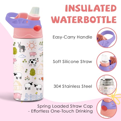 Animals 12 oz Water Bottle with Straw – Kids Stainless Steel Vacuum Insulated Cup, Leakproof Pop-Up Spout, Reusable Travel Mug for Boys and Girls Outdoor Sports - color: Animal1
