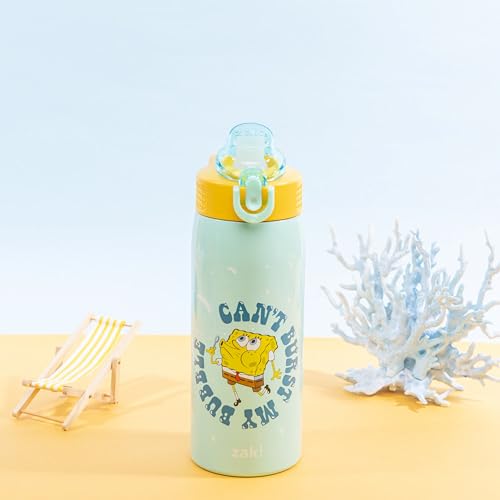 Zak Designs SpongeBob Sage 19oz Leak-Proof Straw Kids Water Bottle | BPA Free, Insulated Stainless Steel, Cupholder Friendly, Dishwasher Safe, Lid Lock, Handle, For School, Home, Travel, Outdoor - color: SpongeBob and Patrick