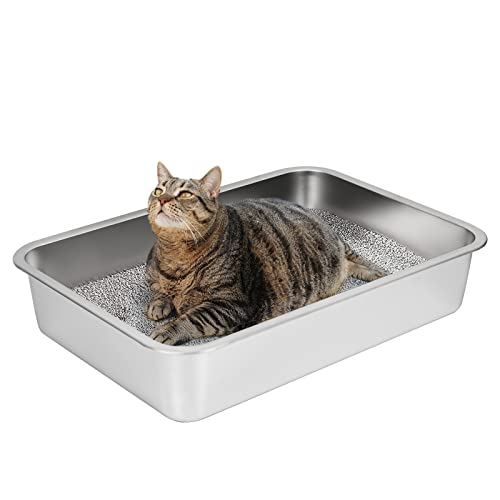 Stainless Steel Cat Litter Box, Large Metal Litter Box, 23.5" Lx15.5 Wx4 H | Never Absorbs Odors,Stain Free, Rustproof, Non Stick Smooth Surface, Anti-Slip Rubber Bottom - color: 4" H, size: 23.5"L x 15.5"W