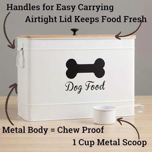 Metal Dog Food Container 15-20 lbs w/ Airtight Bamboo Lid, 70 Cup Capacity | Pet Jar For Dogs up to 100lbs, Airtight Bamboo Lid, Sturdy Comfortable Metal Handle, Powder Coated Iron, Kibble Storage Bin - color: White