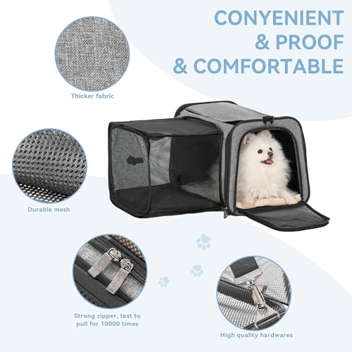 Petsfit 19"X12" X12" Expandable Pet Carrier, Square Expansion Reduces Pet Anxiety, Escape-Proof Self-Locking Zippers, 3 Easy-Access Entrances, for Cats & Small Dogs up to 18 lbs - color: Gray, size: 19.0"L x 12.0"W x 12.0"H