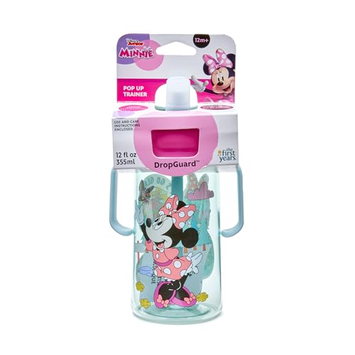 The First Years Disney Minnie Mouse Pop Up Toddler Straw Cup - Dishwasher Safe Toddler Water Bottle with Spout - Transition Sippy Cups for Toddlers - 14 Oz - Ages 12 Months and Up