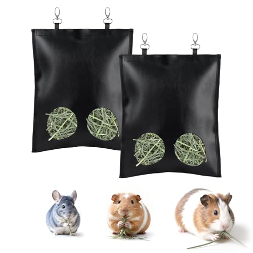 2Pcs Hanging Hay Feeder Bag for Guinea Pigs, Capacity of 0.35 Pounds of Hay, 11.8 x 9.8 Inch Bilayer Harmless Artificial Leather, 2-Hole Washable Hay Feeding Pouch for Small Rabbit, Chinchillas