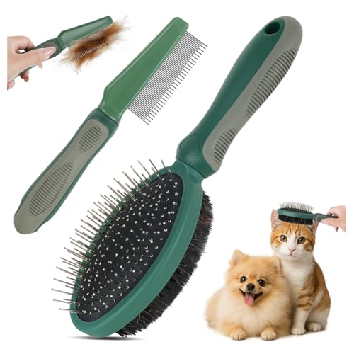 2PCS Pet Grooming and Deshedding Tools | 2-In-1 Double-Sided Cat Brush for Shedding and Bathing, Dogs & Cats Shedding Comb for Long and Short Haired Dogs Cats - color: Green