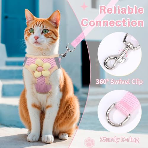 Cat Harness and Leash Set, Escape Proof Soft Vest Walk Pink S | Adjustable, Easy Wear, Breathable Comfy Mesh, Reflective Strips, Sturdy Clip Buckle Flower Harness for Cats Kitty Puppy Bunny - color: Sakura pink, size: Small