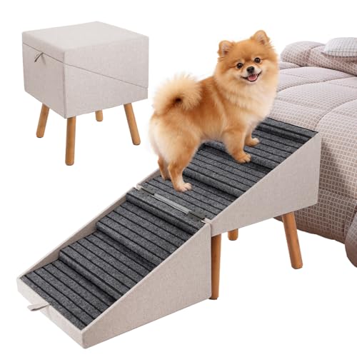 Dog Ramp for Bed & Couch, Dog Stairs 21.06 inches High for Large/Medium/Small Doggie, Foldable 2 in 1 Wooden Pet Steps for Puppy Older and Injured Dogs, Split Ottoman Design, No-Slip Surface（Apricot） - size: 21.06" H- Apricot