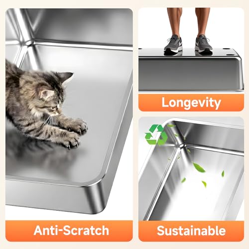Stainless Steel Litter Box with High Sides, XL | High Sided Cat Litter Pan, Open Top Extra Large Metal Cat Litter Box, Non-Stick, Odor Free, Leakproof, Scoop Included, Gray - color: Grey