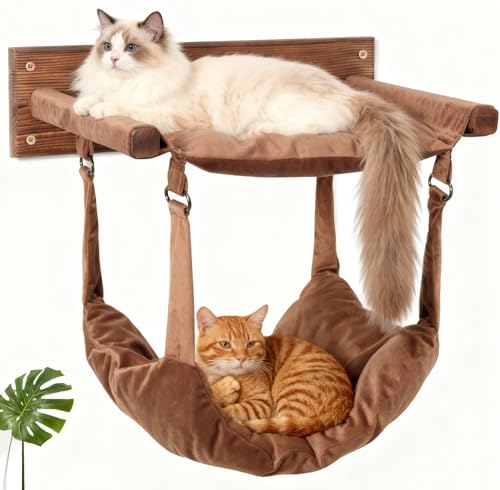 JSPYFITS Wooden Cat Furniture Wall Mounted, Double Layer Hammock, Large Size 18.9″ Removable Multi-Function Cat Bed for Sleep/Play/Climb, Kitten Window Perch, Easy DIY Installation(Brown) - color: Brown