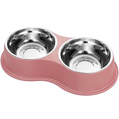 Epetslove Stainless Steel Dog Bowls Double Non-Slip Dog Water and Food Bowl | Pet Feeder Bowls, Dog Dishes, Raised Feeding Design, Double Bowls Set, For Puppies, Medium Dogs and Cats, Outdoor / Indoor - color: 3.Pink, size: Medium-18oz