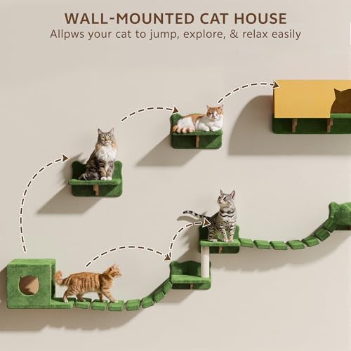 26-in-1 Cat Wall Shelves with Cat Tree, 40''L Tunnel, Moon, Green | Wall Mounted Cats Furniture Set with Plush Fabric, Cat Climbing Systems for 16 Inch Drywall, with Scratching Posts, Bridge - color: Green, size: 26-in-1