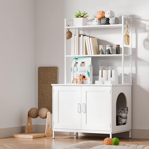 Cozy Castle Cat Litter Box Enclosure with Storage, 57'' Hidden Cat House Furniture, Wooden Cat Cabinet with Shelves & 4 S-Hooks, Indoor Cat Litter Box Organizer, White - color: White