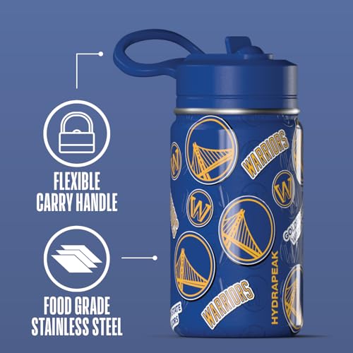 Hydrapeak NBA Officially Licensed Golden State Warriors Mini 14oz Kids Stainless Steel Water Bottle with Straw Lid & Flexible Handle, Double Wall Insulated, Spill Proof, Perfect for Back to School - color: Golden State Warriors