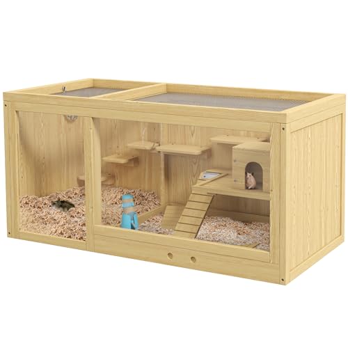 PawHut Wooden Hamster Cage, Extra Large Gerbil Cage, Multi-Layer Small Animal Cage for Dwarf Hamster, Activity Center with Pull-Out Tray, Seesaws, Water Bottle, Ladder, Openable Top | Gerbil Habitat, Multi-Layer Small Animal Cage, Activity Center, Seesaws