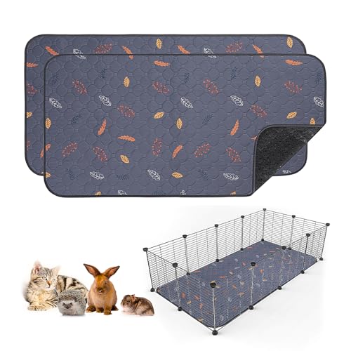 Sunheir 2 Pack Washable Guinea Pig Pee Pads, 24" x 48" Waterproof Reusable Guinea Pig Cage Liners, Absorbent Bedding Training Mat for Small Animal Guinea Pigs Rabbit Bunny Hamster (Leaves - Deep Grey) | Waterproof Super Absorbent Small Animal Mat for Guin