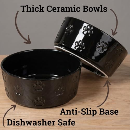 Ceramic Dog Bowl Set of 2 w/ Anti-Skid Base 6.5"W x 2.5"H, 3.8 Cup Capacity | Thick Ceramic, Dishwasher Safe, Anti-Skid Rubber Base, 3.8 Cups per Bowl, Ceramic Food & Water Bowls Set of 2 for Medium Dogs - color: Black, size: Medium