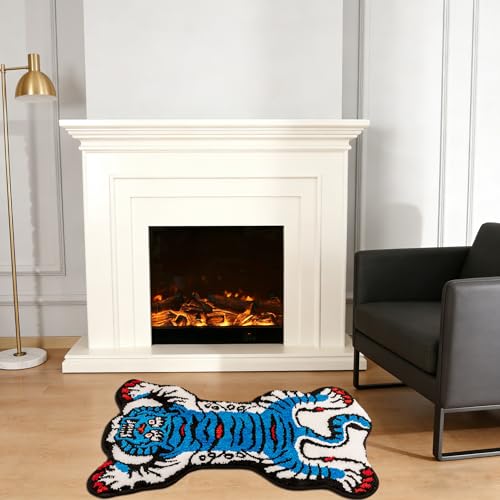 Tibetan Tiger Rug, Blue Tiger Bath Mat Fun Animal Bathroom Rug | 24 x 40 In, Soft Plush Pile, Non-Slip Backing, Washable, Irregular Shape, Bedroom and Living Room Floor Accent - color: Blue