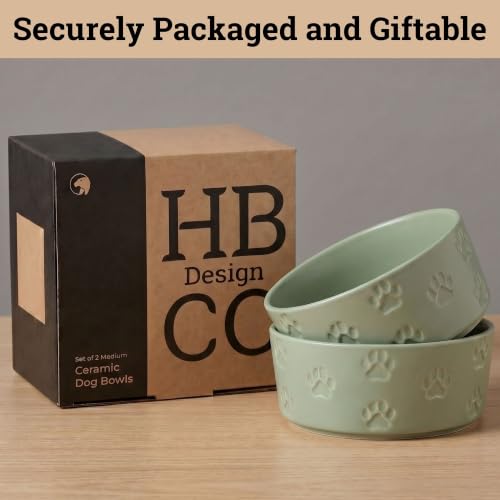 Ceramic Dog Bowl Set of 2 w/ Anti-Skid Base 6.5"W x 2.5"H, 3.8 Cup Capacity | Thick Ceramic, Dishwasher Safe, Anti-Skid Rubber Base, 3.8 Cups per Bowl, Ceramic Food & Water Bowls Set of 2 for Medium Dogs - color: Sage Green, size: Medium