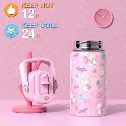 FIXITOK Girls Backpack with 14oz Insulated Water Bottle Set, Kawaii Bunny School Backpack for Girls with Kids Water Bottle Lunch Bag Pencil Case for Kindergarten Elementary Preschool School - color: W-dreamy-pink