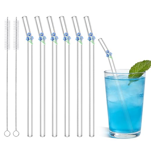 6Pcs Cute Glass Straws Shatter Resistant with 2 Cleaning Brushes, Reusable Glass Straws with Charms- Forget Me Not Blue Flowers, Party Decorations, Juice, Birthday Party(Dishwasher Safe) - style: Forget Me Not Flowers