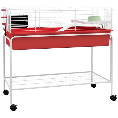 PawHut Two-Story Small Animal Cage Removable from Stand, Guinea Pig Cage with Shelf & Wheels, Pet Habitat for Hedgehog, Chinchilla, Ferret, 39" x 20.5" x 36.5", Red | Removable from Stand, Guinea Pig Cage, Pet Habitat for Hedgehog, Chinchilla, Ferret - co