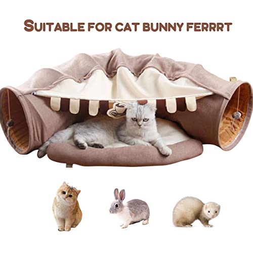 EAEDMY Cat Rabbit Tunnel Bed Nest for Cats Indoor, with Collapsible Washable Soft Cushion, Plush Ball and Exercise Wheel Tube, Fit for Puppy Bunny Kitty Kitten Ferret(2.Coffee) - color: 2.Coffee