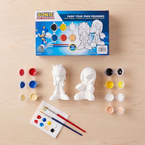 Sonic the Hedgehog Paint Your Own Figurines Craft Kit with Sonic & Knuckles | Sonic Coloring Toy Gifts, Knuckles the Echidna 2 Ceramic Figures, 6 Paints, 2 Brushes, DIY Arts & Crafts Activity for Kids - style: Sonic