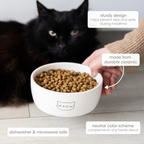 Pearhead Meow Ceramic Cat Bowl, Holds 1.3 Cups, Small Food and Water Bowl for Cats, Pet Dish, Microwave and Dishwasher Safe (Pack of 12) - color: Speckled "Meow", size: Single Bowl (Pack of 12)