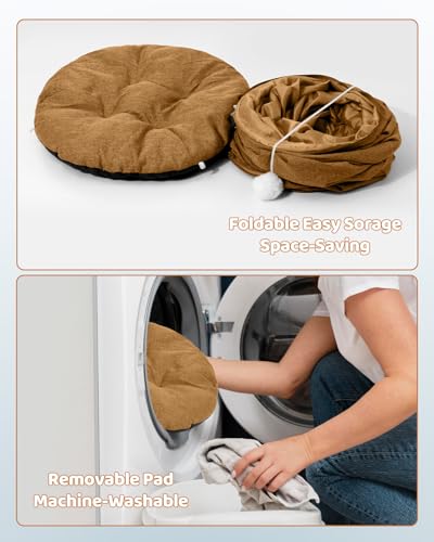 Linen Cat Tunnels with Central Cat Bed, Interactive Cat Toys Detachable Washable Soft Mat Large Indoor Play Tunnel Cave for Kittens and Small Animals - color: Linen Brown