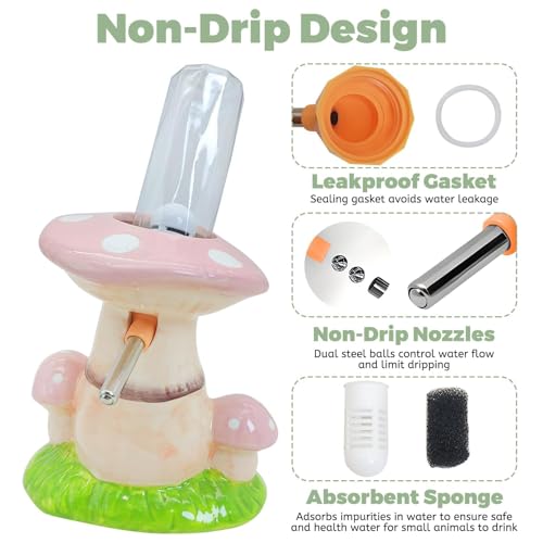PINVNBY Hamster Water Bottle No Drip Ceramic Automatic Gerbil Water Bottle 80ML Water Dispenser with Mushroom Stand Holder for Gerbils Syrian Hamsters Dwarf Hamsters Mice (Pink) - color: Pink