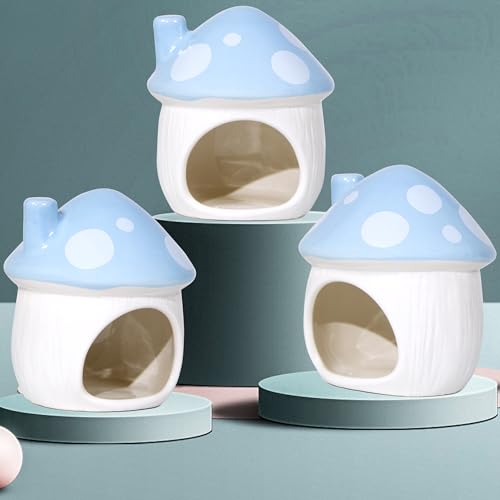 Ceramic Mushroom Hamster Hideout - Hamster Habitat for Hamsters Chinchillas Hedgehogs and Gerbils Mouse Small Pet Guinea Pigs House Hamster Bed (Blue) - color: Blue