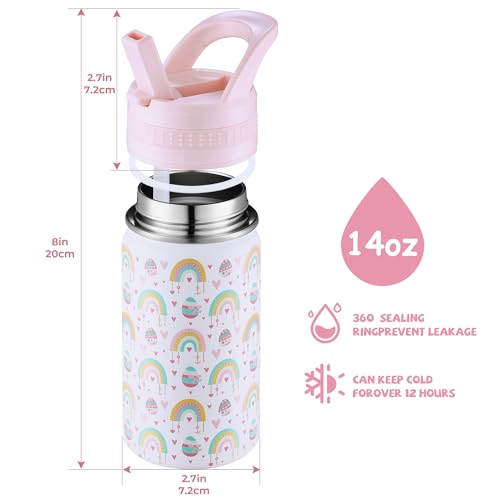 14 Oz Kids Water Bottle, Stainless Steel Water Bottle with Straws, Leak-Proof, BPA-Free, Insulated Water Bottles for School Boys & Girls|White Rainbow - color: White cartoon rainbow