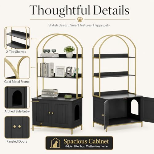 Homhedy Cat Litter Box Enclosure with 2-Tier Shelves, Black and Gold | Litter Box Furniture Hidden, Indoor Cat House, Wooden Cat Washroom Furniture with Metal Frame, Modern Style - color: Black and Gold