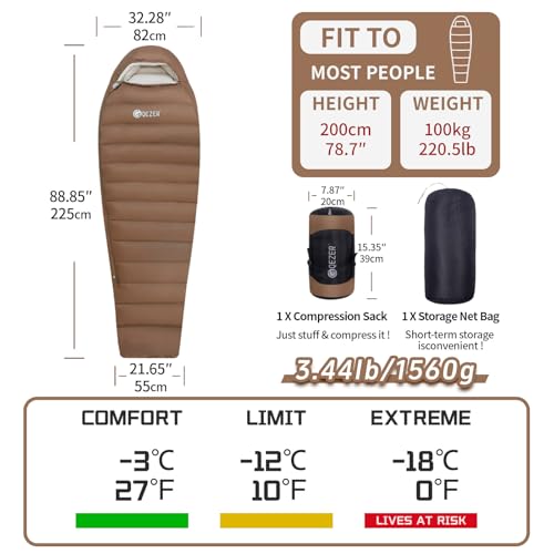 0 Degree Down Sleeping Bag for Adults,Cold Weather Backpacking | 650 Fill Power Down, 4-Season Use, Large Lightweight Compact Carry, Camping Hiking Backpacking - color: 10 Degree-Coffee