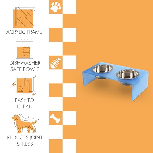 DBL2000C Keaton 5" Small/Medium Modern Acrylic Rectangular Elevated Pet Feeder with 20oz 2-Stainless Steel Bowls, Blue/Chrome - color: Blue/Chrome, size: 20 Ounces (5" Cups 2-Pack)