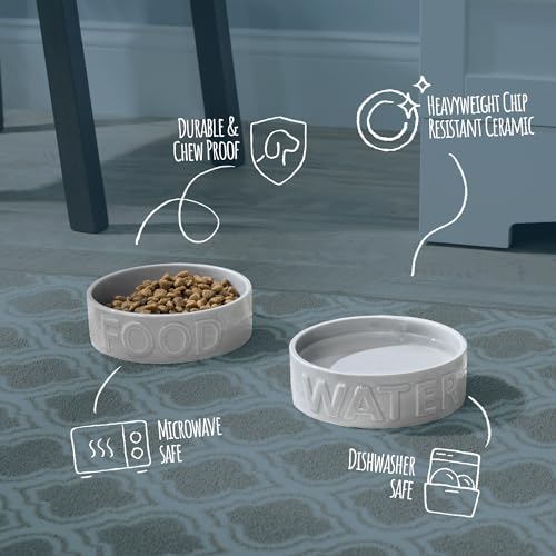 Ceramic Pet Bowl for Dogs and Cats, Food and Water Dish, 8 Cup Capacity, Large, Grey, Dishwasher and Microwave Safe - color: Grey, size: Large