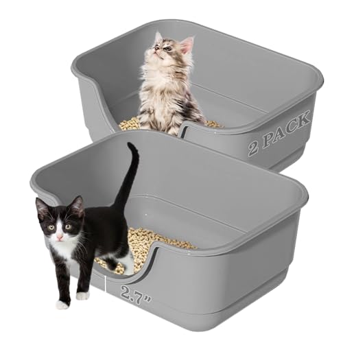 2 Pack Low Entry Small Litter Box for Kittens, Kitty Plastic Litter Boxes, Open Top, Anti-Splash High Sided Litter Tray Pan for Medium Pets, Puppy, Easy to Clean, 15.7" L*11.8" W*6.7" H (Grey) - color: Grey-2 Pack