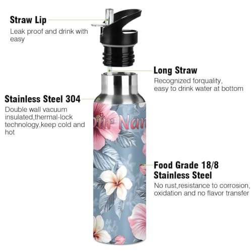 Custom Pink Hibiscus Flower Water Bottle Kids Stainless Steel Bottle with Straw Lid Personalized Name Boys Girls Insulated Cup for School 20 oz - color: Multi103