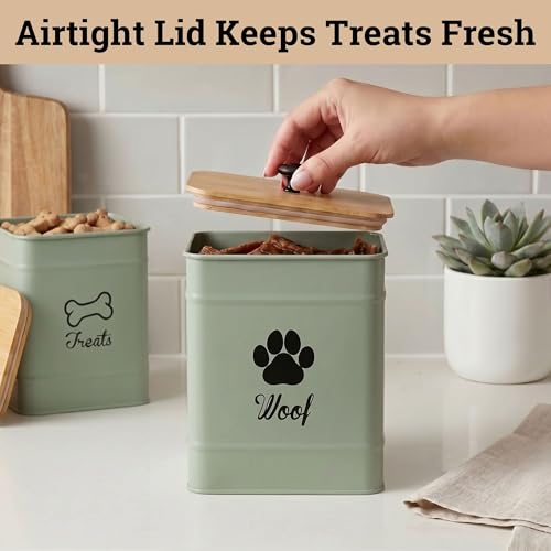Dog Treat Container Set of 2 with Airtight Bamboo Lids - 8x6 & 7x5 inch | Fits All Popular Treats, Up to 20 Cups Combined Capacity, Airtight Bamboo Lid, Easy Open Lid, Dent-Resistant Durable Metal - color: Sage Green - Large