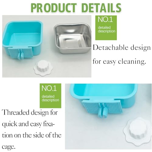 kathson Crate Dog Bowl, Removable Stainless Steel Hanging Pet Kennel Cage Bowl Food & Water Feeder Coop Cup for Puppy, Cat, Rabbit, Guinea Pigs 2pcs Small Square(Blue, Green) - color: Square (Blue, Green), size: 2 PCS