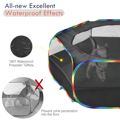 Pawaboo Small Animal Playpen with Zippered Cover, Black + Rainbow | Portable pop-up pet tent for supervised rabbits, guinea pigs, chicks and kittens; water-resistant bottom and 3 metal rods - color: Black + Rainbow