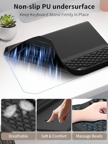3-in-1 Ergonomic Keyboard Stand with Wrist Rest & Mouse Pad Set, Black | Comfy Keyboard Riser Holder Soft Mousepad with Massage Design, Memory Foam and Non-Slip PU Base for Pain Relief - color: Black