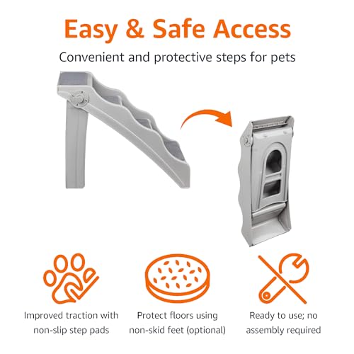 Amazon Basics Foldable Non-Slip Pet Stairs for Small Dogs and Cats, Senior Pets, Easy to Climb, 14.6" x 22.75" x 19.5", Grey