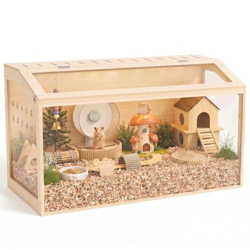 Hamster Cage Large, 32-Inch Wooden Enclosure, Open Top Acrylic View | 270° Panoramic Acrylic View, Open Top, Easy To Clean, Three-Sided Ventilation,Perfect Rat Cage, Gerbil Cage, Mouse Cage