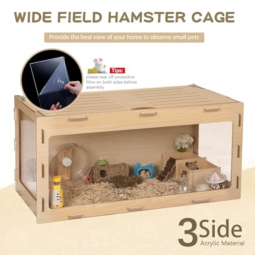 COZIWOW Wooden Hamster Cage 32" Large Small Animal Habitat Enclosure | Chewproof Acrylic Panel, 270° Panoramic View, 32x16x16" Spacious Cage, Ventilated Top, Tool-Free Assembly, Fit Gerbil