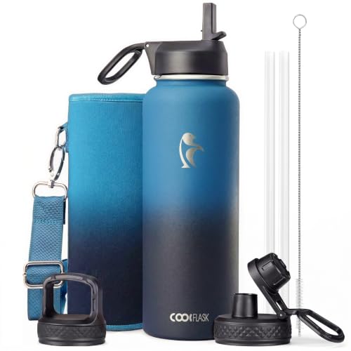 Coolflask 40 oz Water Bottle Insulated with Straw & 3 Leakproof Lids | Water Flask Stainless Steel Triple-Wall Vacuum,Cold 48+h,Dishwasher Safe,Wide Mouth, BPA-Free,Carrier Bag,for Gym,Hiking - color: Samurai Cyan, size: 40 Ounces