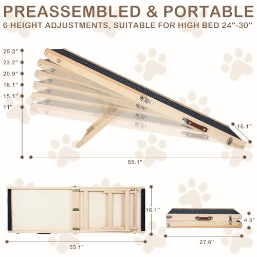 Folding Dog Ramp Safety, Wooden Adjustable Height Pet Ramps, Potable Dog Steps with Non-Slip Traction Mat, Dog Step for Bed, Dogs Stairs for SUV Car, Couch, Safe, Height Bed - size: 55.12 Inch Long
