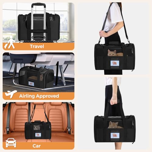 Soft Cat Carrier with Detachable Food Bowl,Pet Travel Bag (Up to 16 lbs) | Puppy Crate with Lockable Zippers,Airline Travel for Small Dog,Kitten,Animal,Breathable Mesh Kennel,Carrying Case,Black - color: Black, size: 17.0"L x 12.0"W x 11.0"H