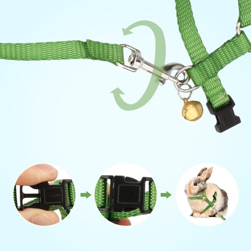 Hypeety Rabbit Harness with Leash Adjustable Nylon Vest for Small Animals | Adjustable 7.9-11.9'' chest, 7.1-10.3'' neck, escape-proof snap buckles, with bell lead for bunnies/guinea pigs/ferret, green - color: Green