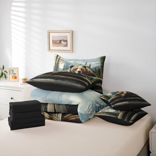 Erosebridal Nature Forest Bear 7 Piece Comforter Set King Size Wild Animals Forest Bedding Set for Child Boys Girls | Rustic Cabin Woodland Brown Bear Sheets Mountain Hunting Wildlife Duvet Insert - color: Brown Green Blue, size: King